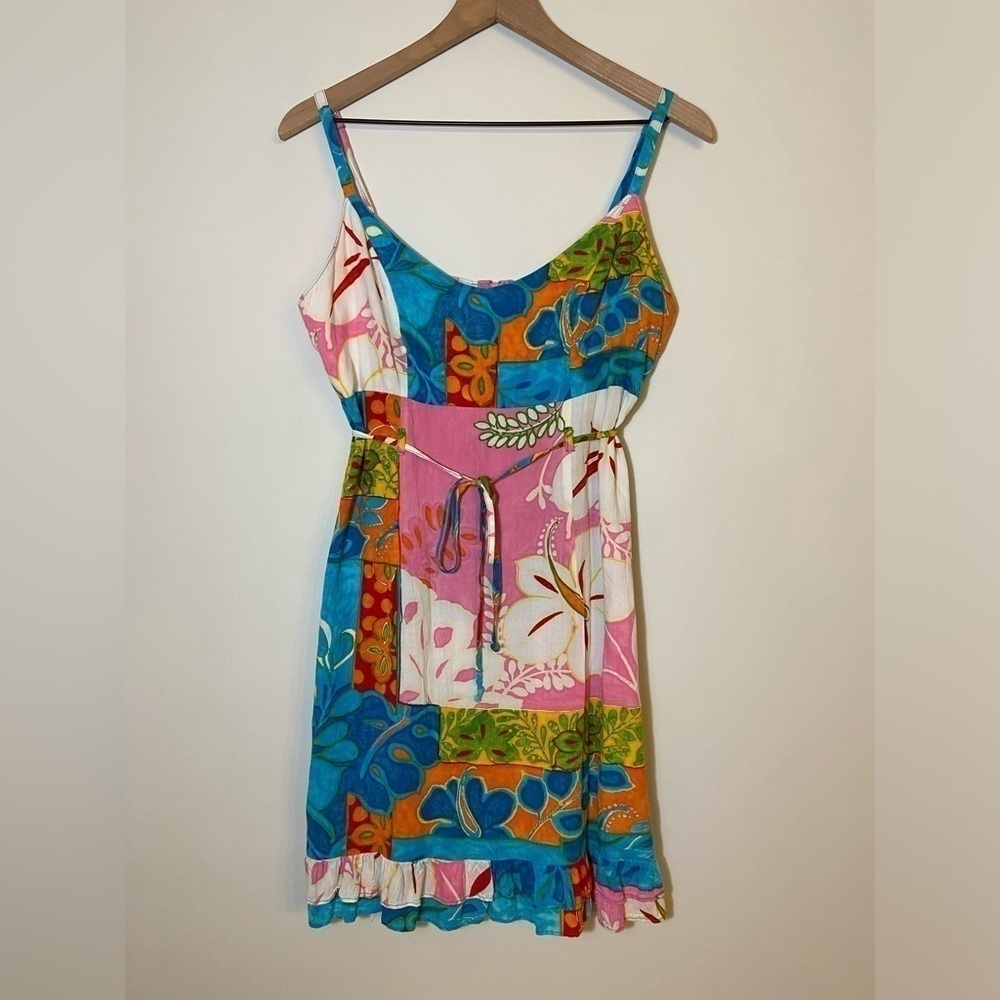 Jams World Hawaiian Tie Dress Large Soleil Patchwork Floral Sleeveless Mini